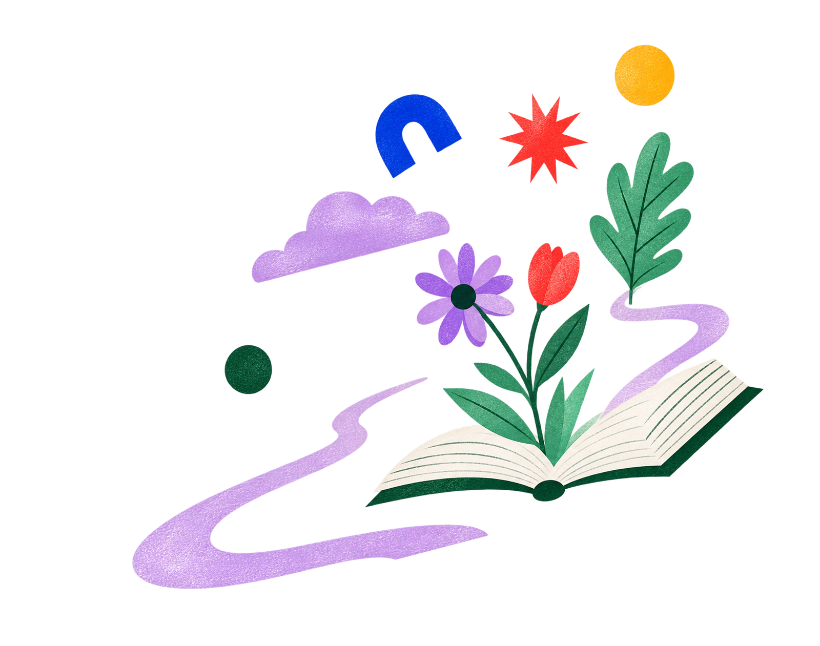 Illustratie van een open boek waaruit bloemen, planten en speelse vormen ontspringen