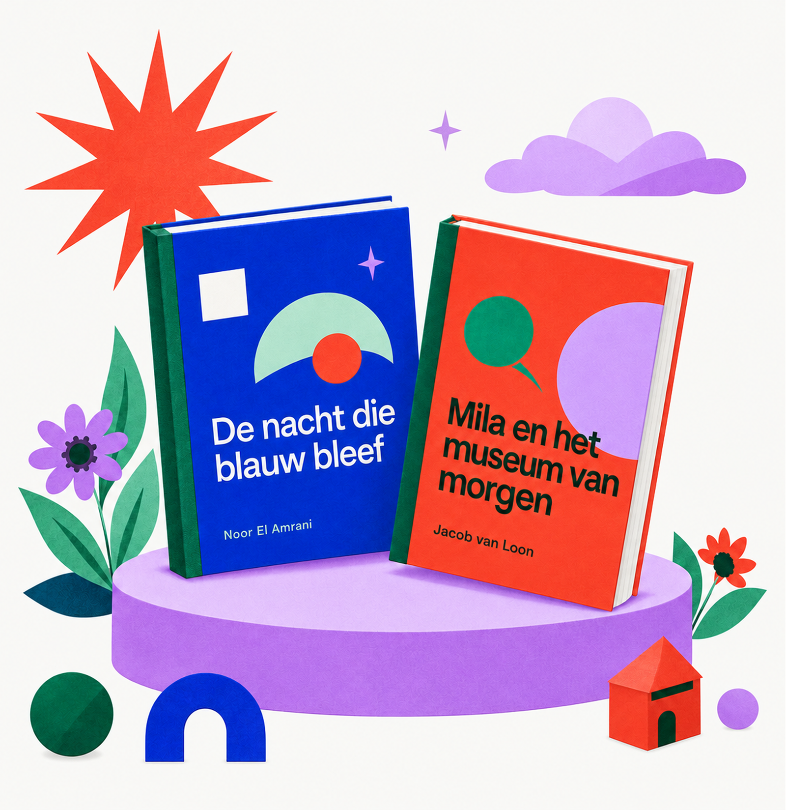 Chiengtori boeken op een sokkel omgeven door bloemen en geometrische vormen