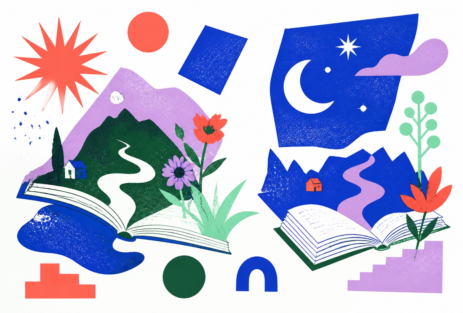 Kleurrijke illustraties van magische landschappen en open boeken